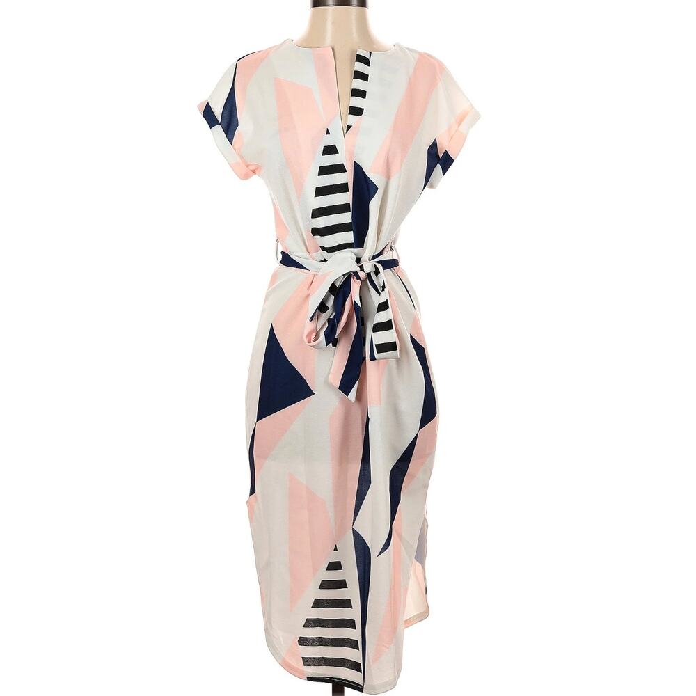 Blogger Fave TEMOFON Abstract Geometric Midi Shirt Dress Size M White Blue Pink